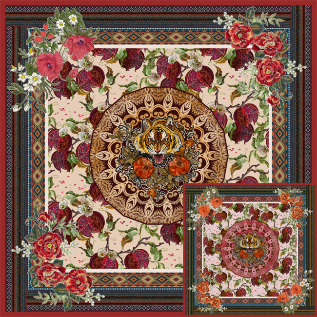 Pomegranate Double-sides Print 16 Momme Silk Twill Scarf